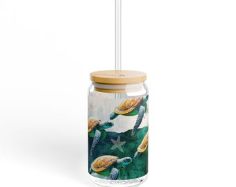 Ocean Life Sipper Glass: Turtle & Starfish Beach Cup (16oz)