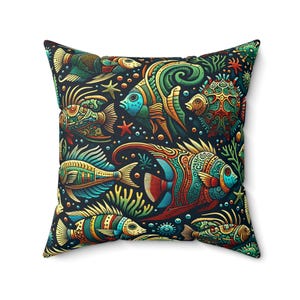 Colorful Fish Print Square Pillow: Bohemian Beach House Decor
