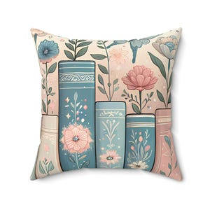 Floral Book Stack Pillow, Cozy Decorative Cushion, Reading Nook Decor, Floral Home Accent, Gift for Book Lovers, Spring Decor
