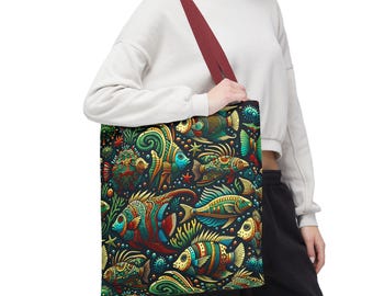 Colorful Fish Print Tote Bag: Eco-Friendly Polyester Beach Tote
