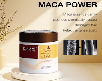 May include: A white and burgundy jar of Karseell Maca Power Collagen hair treatment. The jar has a brown lid and a yellow label with the words "Maca Power" and "Collagen". The text on the jar says it gently cleanses chemically treated damaged hair.