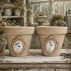 Hand-Painted Terracotta Planter | Sage Green Floral Cottage Garden Pot 5.9”W