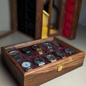 Handmade Wooden Watch Organizer Box with Glass Lid - for 10 Watches