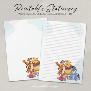 Puede incluir: Papelería imprimible con Winnie the Pooh, Tigger, Piglet y Eeyore. El set incluye dos hojas de papel de carta, una rayada y otra sin rayas, con formas abstractas azul claro y el texto Printable Stationery Writing Paper A4/US Letter Size Lined/Unlined - PDF.
