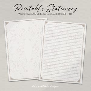 May include: Two sheets of printable stationery. One sheet is lined, the other is unlined with a decorative pattern. The text at the top reads "Printable Stationery" and "Writing Paper A4/US Letter Size Lined/Unlined - PDF". The bottom text reads "ilda printable designs".