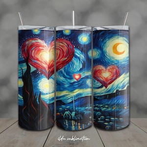 May include: A cylindrical tumbler with a straw featuring a vibrant artistic print of a swirling blue night sky, a crescent moon, and large red heart-shaped motifs. The design includes a dark silhouette of a cypress tree and a small village.