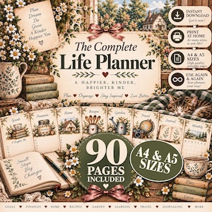 May include: A digital life planner set featuring floral illustrations, a sleeping cat, and text including The Complete Life Planner, 90 Pages Included, A4 & A5 Sizes, and various section headers like Goals, Finances, Home, Recipes, Garden, and Travel.