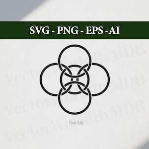 May include: Black and white illustration of a five-pointed star shape created by five overlapping circles. The text "Five fold" is below the image.