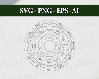 Zodiac Circle SVG, astrologiewiel vectorkunst (digitale download)