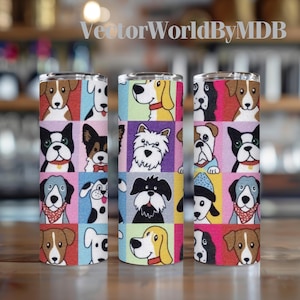 Puede incluir: Tres vasos de acero inoxidable con ilustraciones coloridas de perros. Cada vaso presenta un patrón diferente de perros de diferentes razas y expresiones.