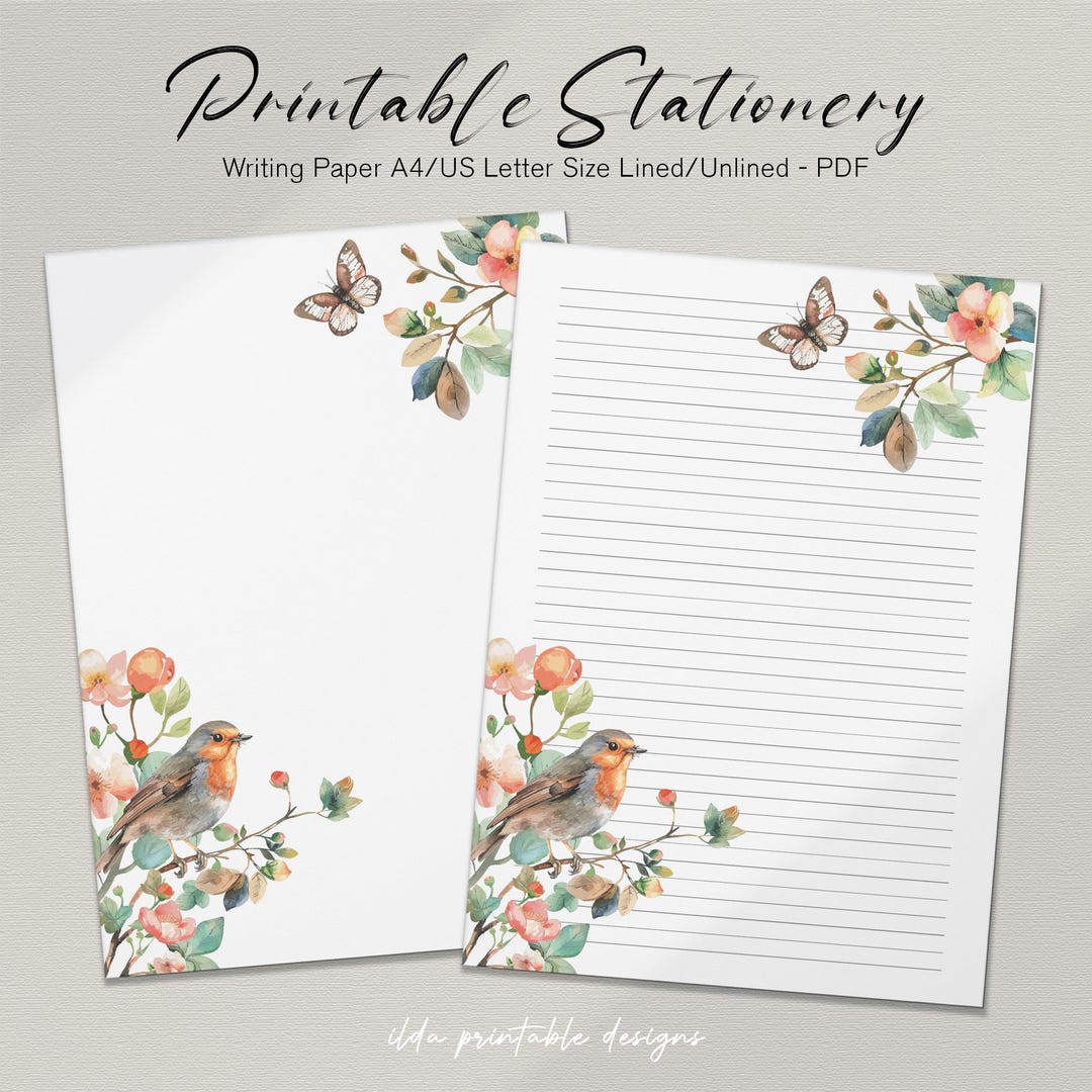 Floral Bird Printable Stationery: Lined/unlined Writing Paper (digital ...