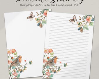Floral Bird Printable Stationery: Lined/Unlined Writing Paper (Digital Download)