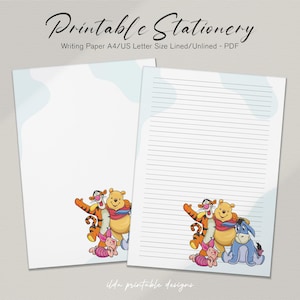 Peut inclure: Deux feuilles de papeterie imprimable avec Winnie l'Ourson et ses amis. Une feuille est lignée, l'autre est vierge. Le haut de chaque feuille présente un motif aquarelle bleu clair. Le texte "Printable Stationery" est en haut.
