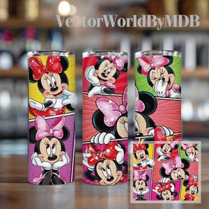 以下が含まれることがあります： ミニーマウスのデザインが施されたステンレス製のタンブラー3個セット。各タンブラーには、コミックブック風のスタイルで、ミニーマウスのさまざまなポーズが描かれています。背景は黄色、赤、緑で鮮やかです。タンブラーは光沢のある仕上がりです。