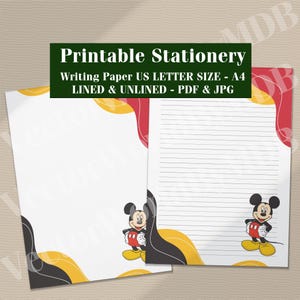 May include: White writing paper with a Mickey Mouse graphic, available in lined and unlined versions. The stationery features a colorful design with red, yellow, and black accents. The text "Printable Stationery" is displayed at the top.