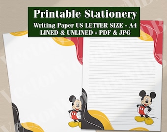 Mickey Mouse Printable Stationery: Lined/Unlined Paper, A4, Letter Paper, (PDF, JPG) Digital Download