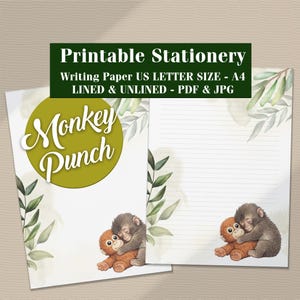 May include: Printable stationery featuring a design with the text "Monkey Punch". The stationery includes lined and unlined writing paper in US Letter and A4 sizes, available in PDF and JPG formats. The design includes illustrations of monkeys and leafy green accents.