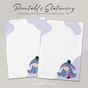 May include: Printable stationery with lined and unlined writing paper. The paper has a light purple design and a cartoon donkey character. The text on the paper reads "Printable Stationery" and "Writing Paper A4/US Letter Size Lined/Unlined - PDF."