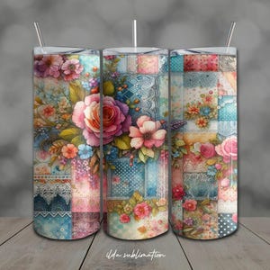 Floral Patchwork Tumbler Wrap: 20oz Skinny Sublimation Design PNG (Digital Download)