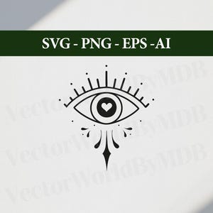 May include: A black and white line art illustration of an eye with a heart in the center. The eye is surrounded by radiating lines and a decorative design.