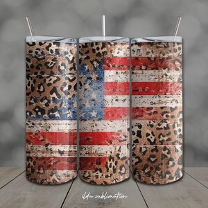 Envoltura para vaso con diseño de bandera estadounidense y patchwork de leopardo: Diseño de sublimación PNG de 20 oz (descarga digital)