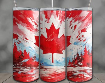 May include: Three stainless steel tumblers with a Canadian flag design. The design features a large red maple leaf on a white background, with red and white brushstrokes and red trees. Each tumbler has a silver lid and a silver straw.