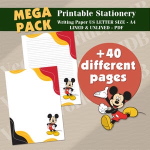 Bundel afdrukbaar briefpapier Mickey, briefpapier, 42 gelinieerde en ongevoerde pagina's (digitale download)