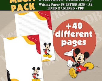 Paquete de papelería imprimible de Mickey Mouse, papel para escribir, 42 páginas rayadas y sin rayar (descarga digital)