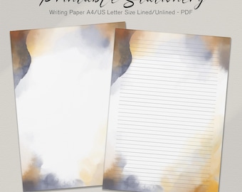 Peut inclure: Deux feuilles de papeterie imprimable, une vierge et l'autre lignée. Les deux ont des accents aquarelle bleus, dorés et bruns. Le texte "Printable Stationery" est en haut. Format A4/US Letter.