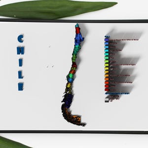 Mapa de relieve sombreado de Chile en 3D, elevación topográfica, terreno y división administrativa.
