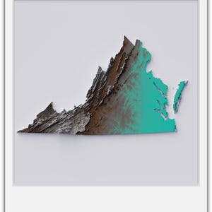 Mapa de relieve sombreado de Virginia: relieve topográfico tridimensional detallado para educación, oficinas, habitaciones y decoración de paredes