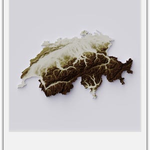 Mapa de relieve sombreado de Suiza: relieve topográfico tridimensional detallado para usos educativos, de oficina, de habitaciones y de decoración de paredes