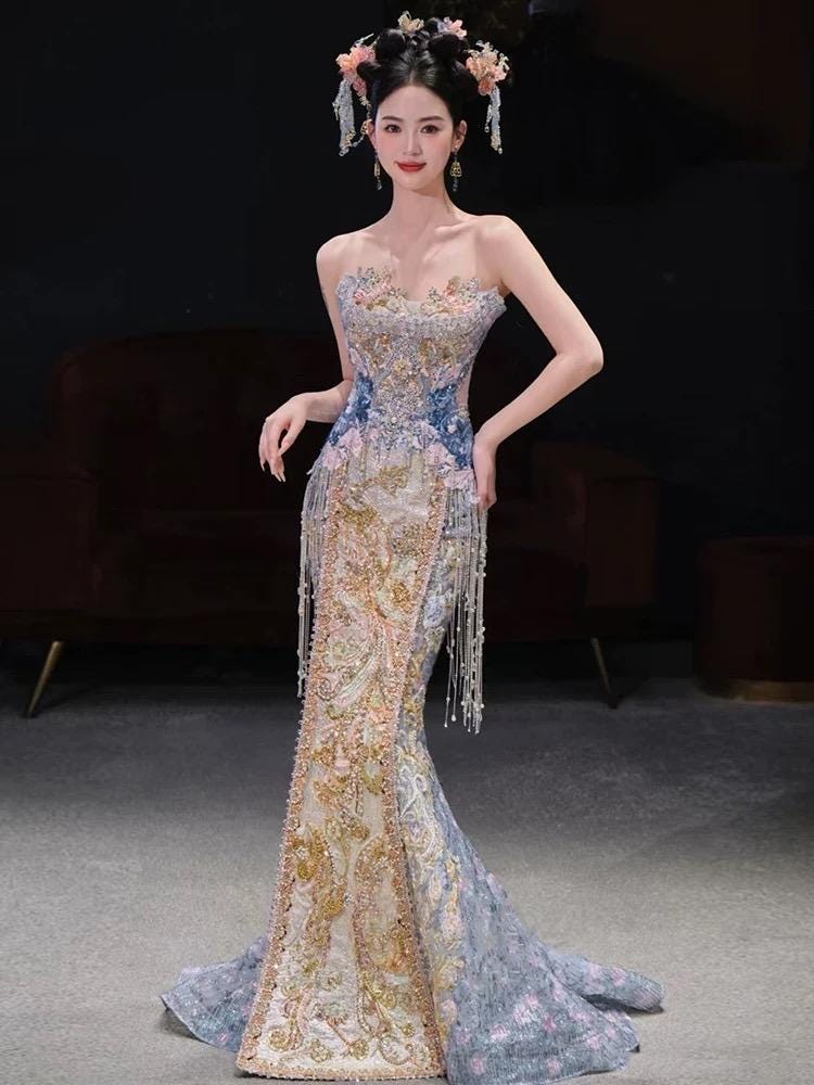 chinese mermaid dress 3/4 Sleeve Full Length Cheongsam Mermaid Chinese Dress Full of Sequins Red / XS