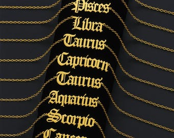 18K Gold Zodiac Name Necklace: Waterproof Stainless Steel Astrology Jewelry