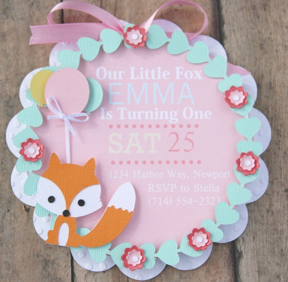 fox first birthday invitation, fox baby shower, woodland first birthday, woodland baby shower invite, shabby chic first birthday party Il_570xn