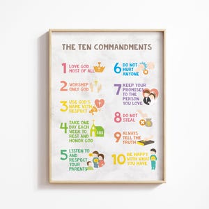 Puede incluir: Un póster colorido con los Diez Mandamientos escritos en blanco sobre un fondo gris claro. Cada mandamiento está numerado e ilustrado con una imagen colorida.