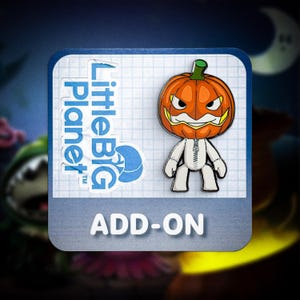 May include: A LittleBig Planet enamel pin featuring a character with a pumpkin head and a white stitched body with a zipper down the front. The pin is displayed on a square backing card with a grid pattern and the text ADD-ON at the bottom.