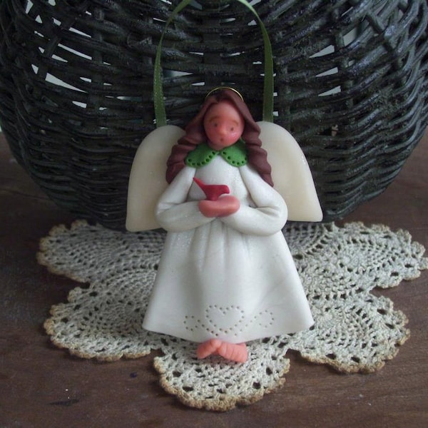 Angel holding red bird, Spirit angel, polymer clay 3" ornament