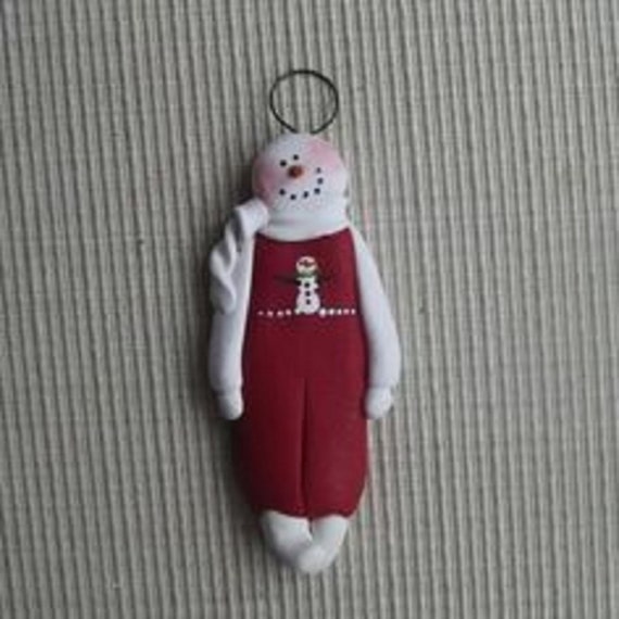 3t hand sculpted polymer clay snowgirl with snowflake red dress # ornament