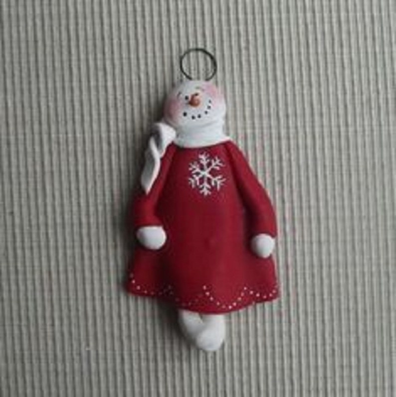 3t hand sculpted polymer clay snowgirl with snowflake red dress # ornament