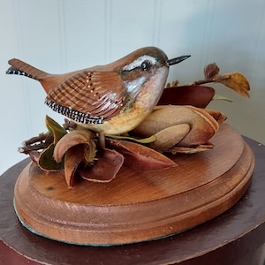 hand sculpted hand painted polymer clay life size Carolina Wren on magnolia branch