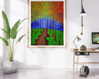 May include: A painting depicting a forest path with trees lining either side. The trees have green and yellow leaves, and the path is brown. The background is a blue sky.