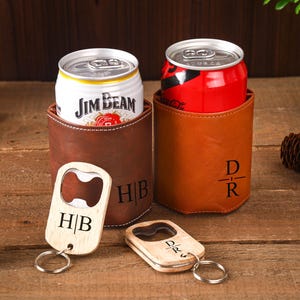 Custom Beer Sleeve for Groomsmen , Personalized Leather Can Cooler , Engraved Wedding Party Gift , Best Man Proposal Idea , Drink Holder