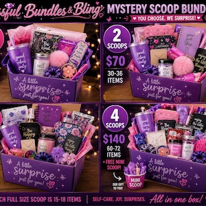 May include: Four purple gift boxes labeled A little Surprise just for you containing various items like tumblers, journals, candles, and accessories. The text Blissful Bundles & Bling Mystery Scoop Bundles is displayed with pricing for 1 to 4 scoops.