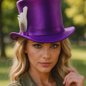 Victorian Purple Satin Top Hat with Feather Gothic Cosplay Hat Steampunk Costume Hat Handmade Elegant Festival Party Accessory Gift for Him
