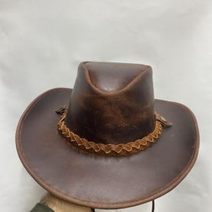 Handmade Brown Leather Cowboy Hat Western Style Outback Hat for Men & Women Rustic Vintage Rancher Hat with Braided Band Outdoor Gifts Idea