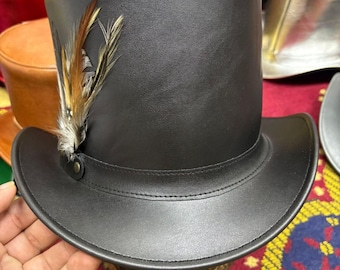 Handmade Leather Steampunk Top Hat, Feather Accent