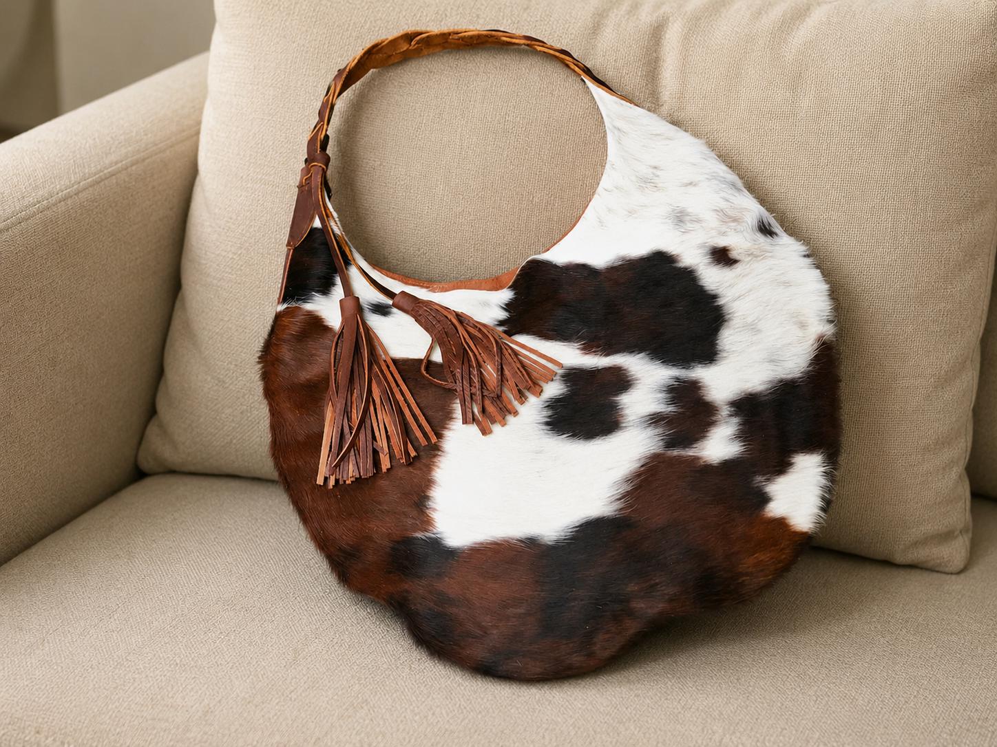 Cowhide Leather Hobo Bag for Women, Genuine Hair On Hide Shoulder Purse Tote Handmade