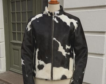 Hair-On leren jas van echt rundleer zwart witte koeprint western bikerjas handgemaakt