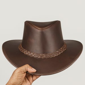 Handmade Genuine Leather Cowboy Hat for Men Women Western Outback Sun Hat with Braided Band Vintage Rancher Hat for Festivals Gifts for Him
